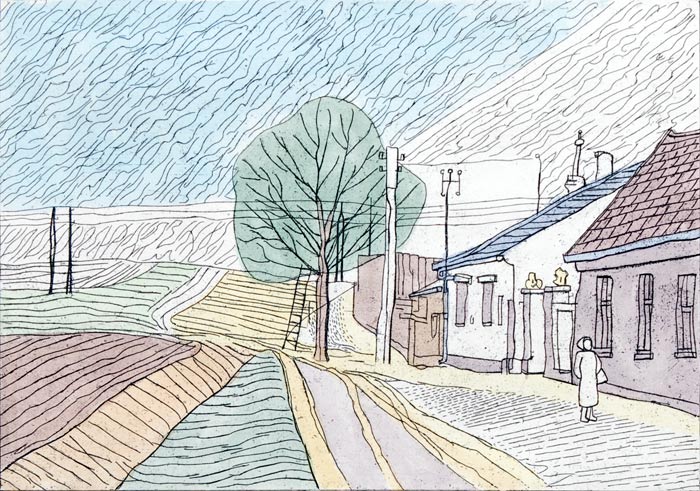 Franz BAYER Landschaft mit Häuser - Radierung - handkoloriert