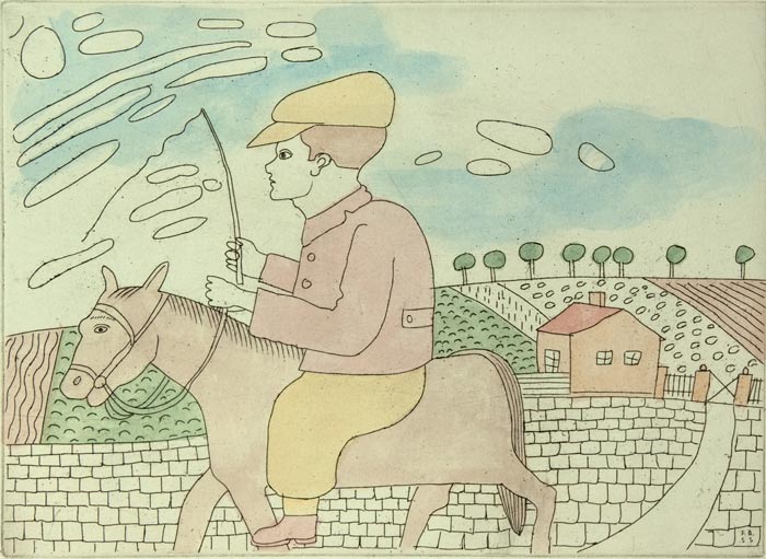 Franz BAYER Pferd und Reiter - Radierung handkoloriert aus 1955
