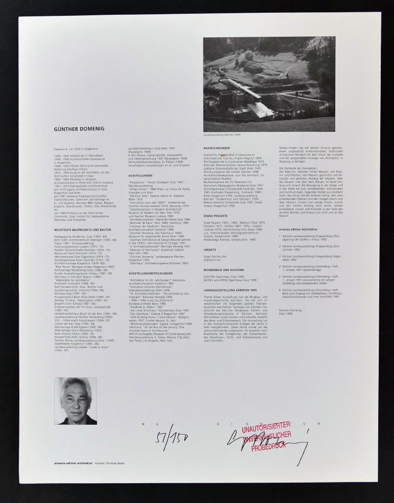 Günther DOMENIG Vorsatzblatt Mappe Architektur aus 1998 - Kunstdruck