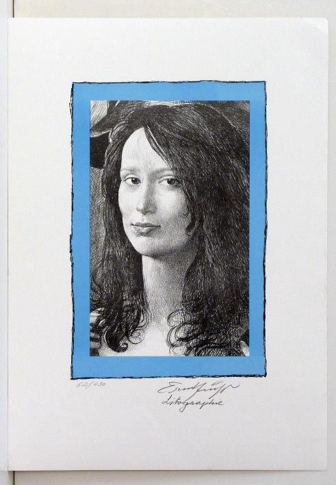 Ernst FUCHS Mädchenportrait blau - Lithographie in Farbe