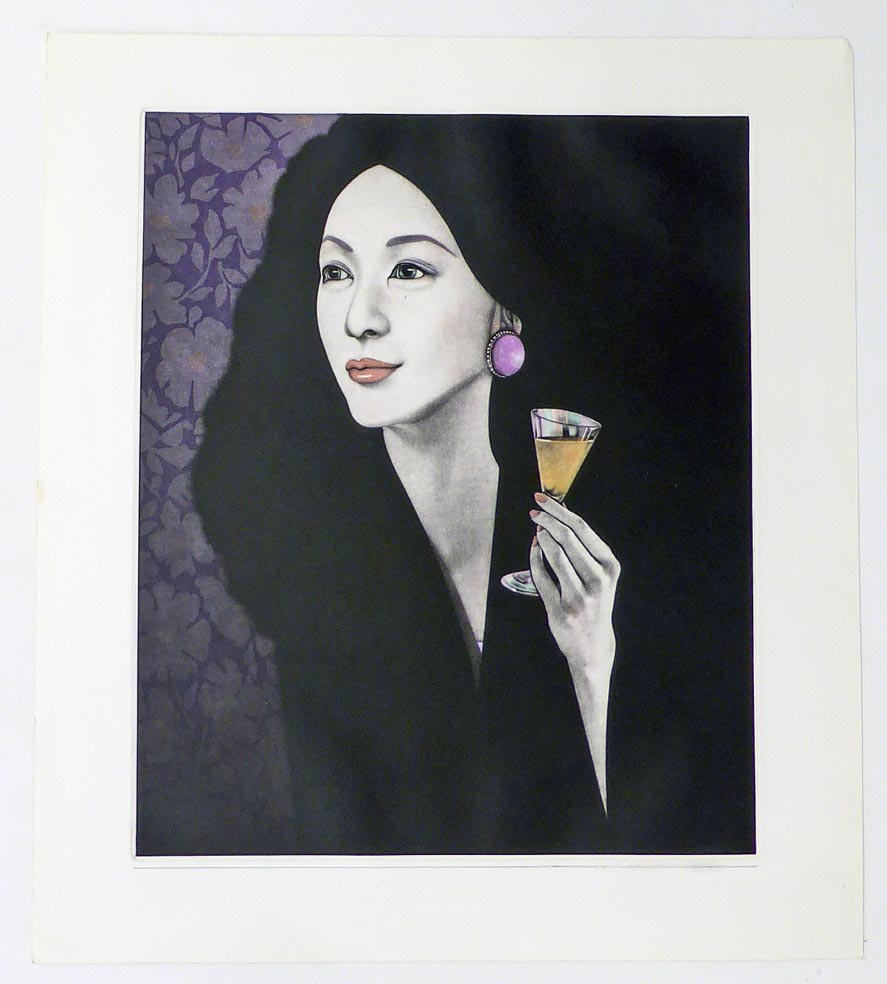 SAITO KAORU Woman with glass - Radierung in Farbe