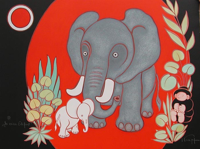 Gottfried KUMPF Der weisse Elefant - Lithographie in Farbe