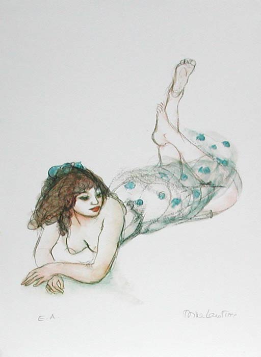 Dina LAROT Mädchen mit blauer Schleife - Lithographie in Farbe aus 1999