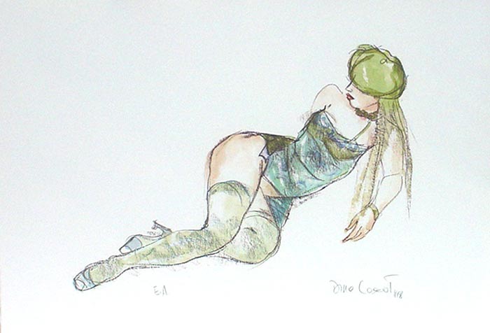 Dina LAROT Mädchen mit grünem Hut - Lithographie in Farbe
