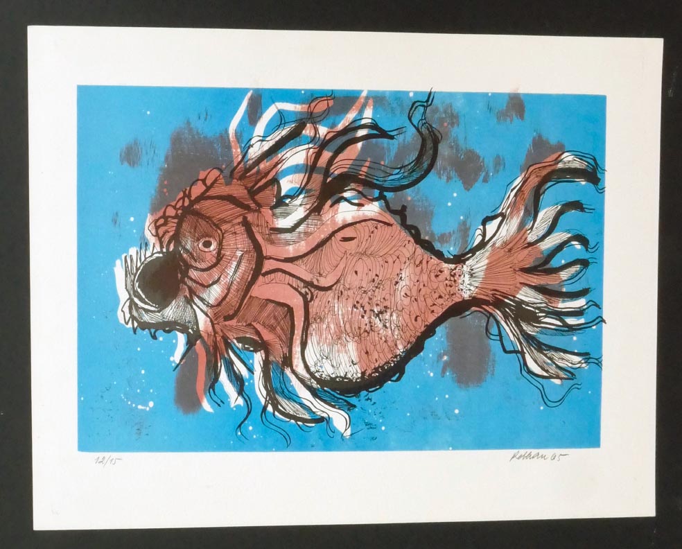 Dominik REBHAN der lauernde Fisch - Lithographie in Farbe