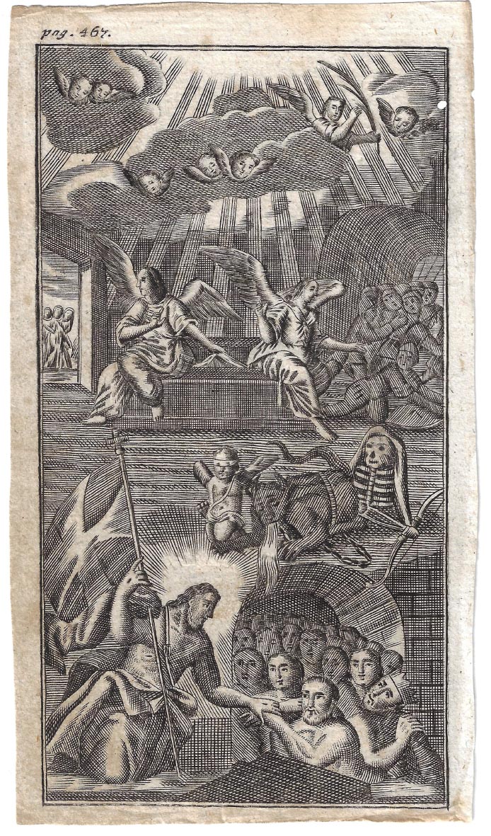 UNBEKANNT Teufel und Skelett blicken auf Hölle - Pag 467 - Kupferstich um 1800