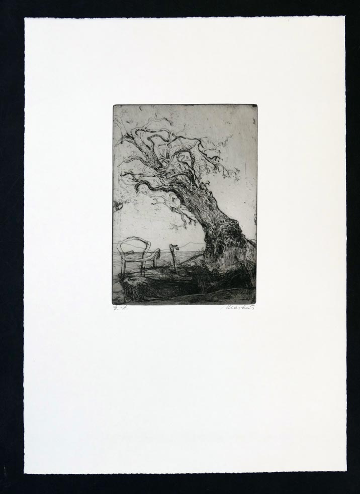Markus VALLAZZA Mappe Da und Dort 1992 - Stuhl und Baum - Radierung