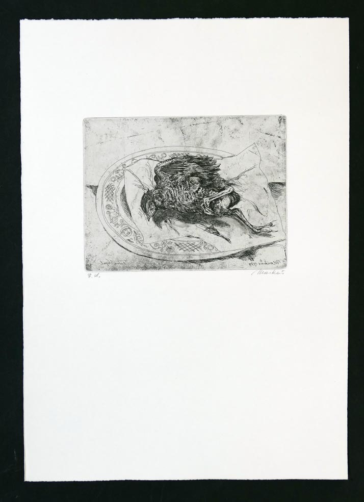 Markus VALLAZZA Mappe Da und Dort 1992 - Toter Vogel - Radierung